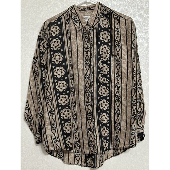 Whistles Vintage Silk Brown Geometric Floral Shirt Long Sleeve Button Up Boho M‎ - Picture 1 of 4